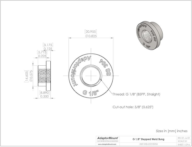 AdaptorMount G 1/8" (BSPP) Stainless Steel 304 Female Threaded Stepped Weld Bung Mounting Fitting (OD 5/8") with Top Head (OD 0.8") - Image 4